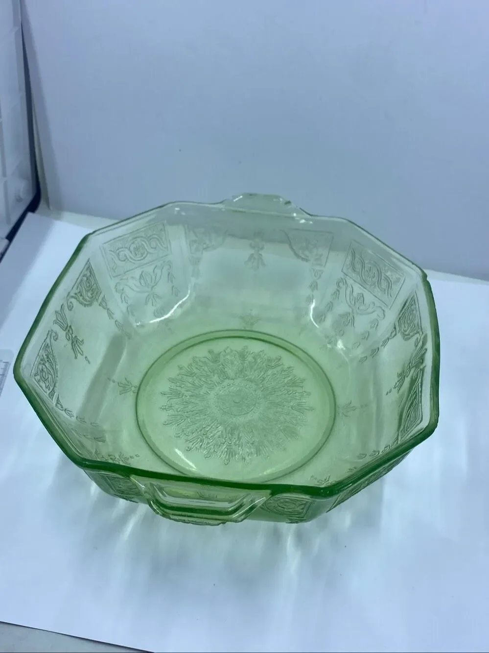 Uranium Anchor Hocking Princess Green Octagonal Depression Cereal Bowl 8” vtge